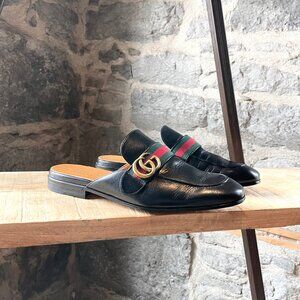 Gucci Black Leather Marmont GG Web Slippers Loafers